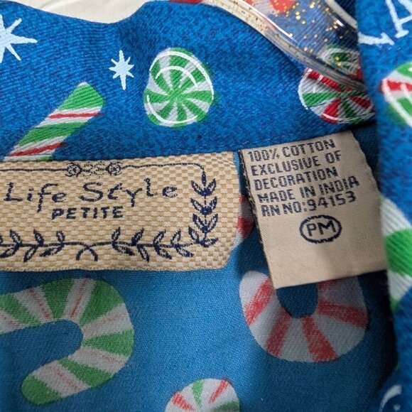 Vintage Christmas Jacket Womens Petite Size Medium Blue Candy Cane Peppermint - Picture 6 of 12